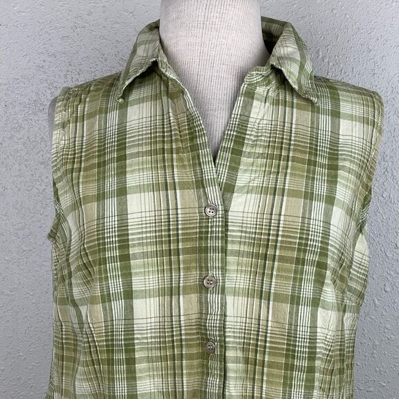 Pre-Owed Lemon Grass Studio Womens Green Plaid Short Sleeve Button Down Size L - Picture 2 of 5